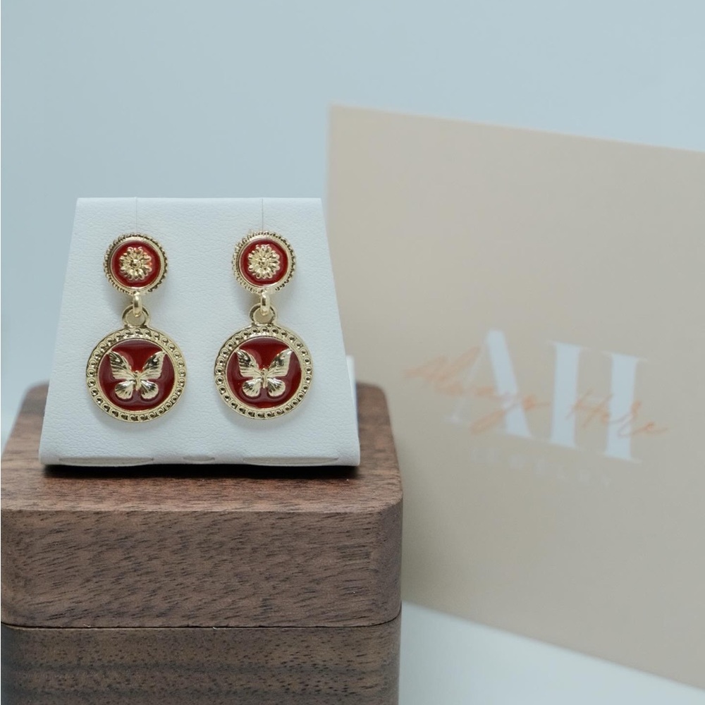 Vintage Ruby Butterfly Droplet Earrings